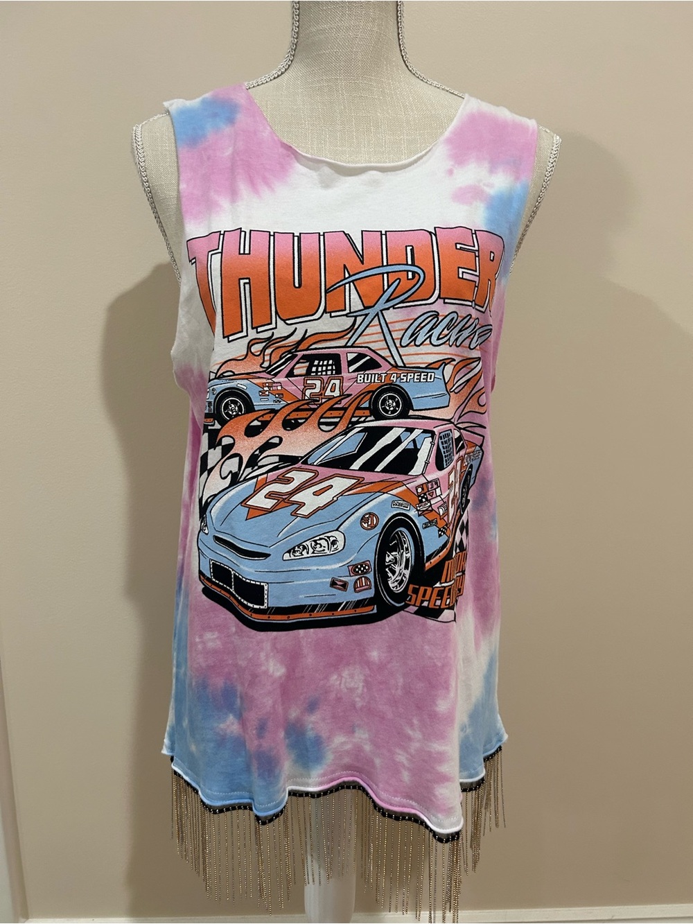 Tie-Dye Racing Graphic Tank Top - Pink & Blue